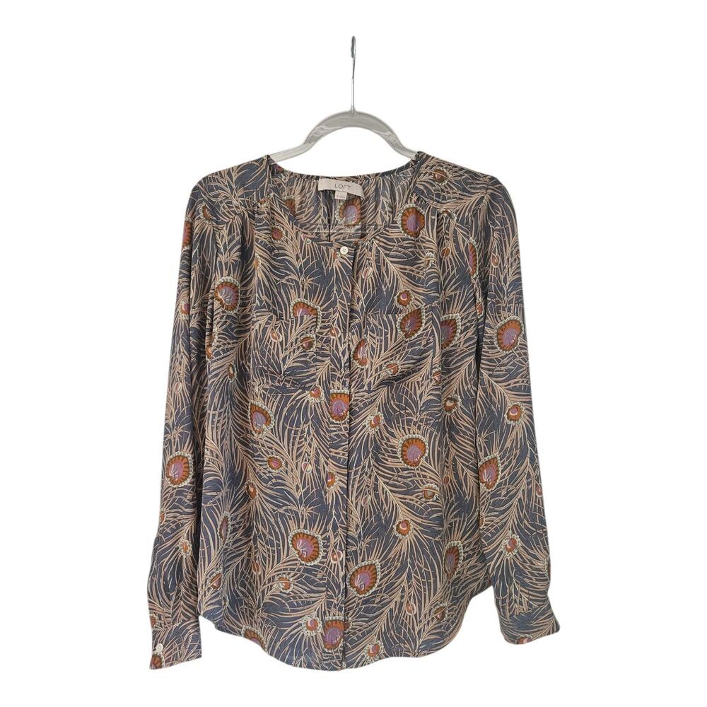 Ann Taylor Loft Womens XS Blouse Button Down Chest Pockets Leaf Grey Brown READ